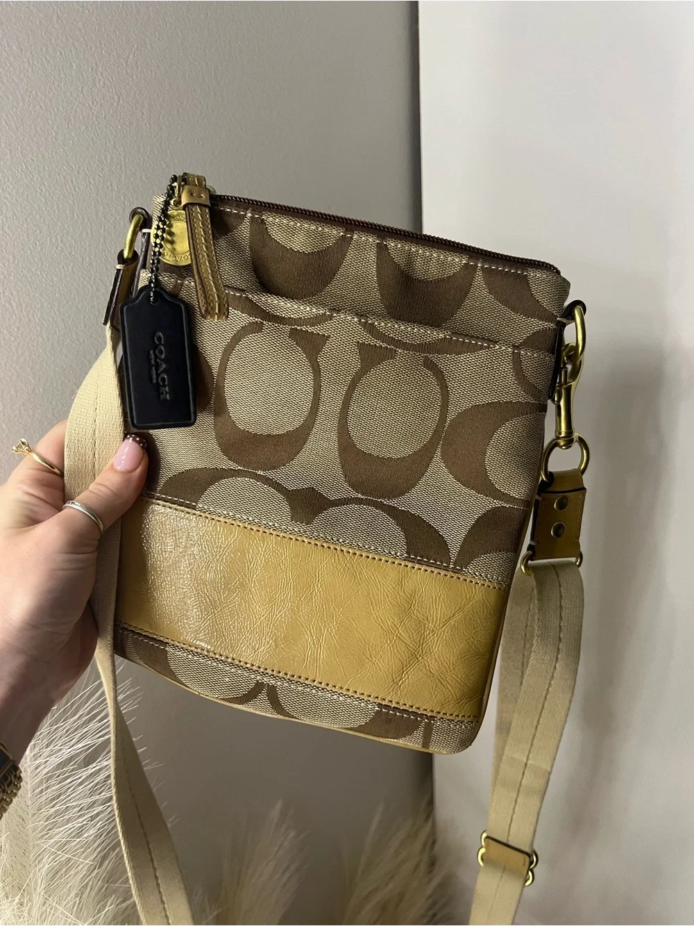 Coach Brown Signature Crossbody with Yellow-Tan Leather Trim